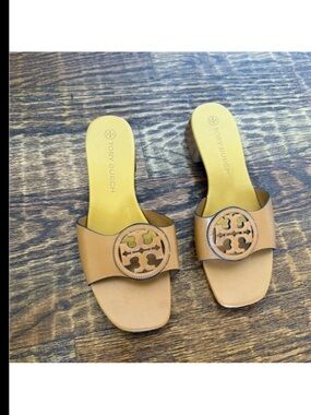 Tory Burch Tan Leather Logo Slide Sandals